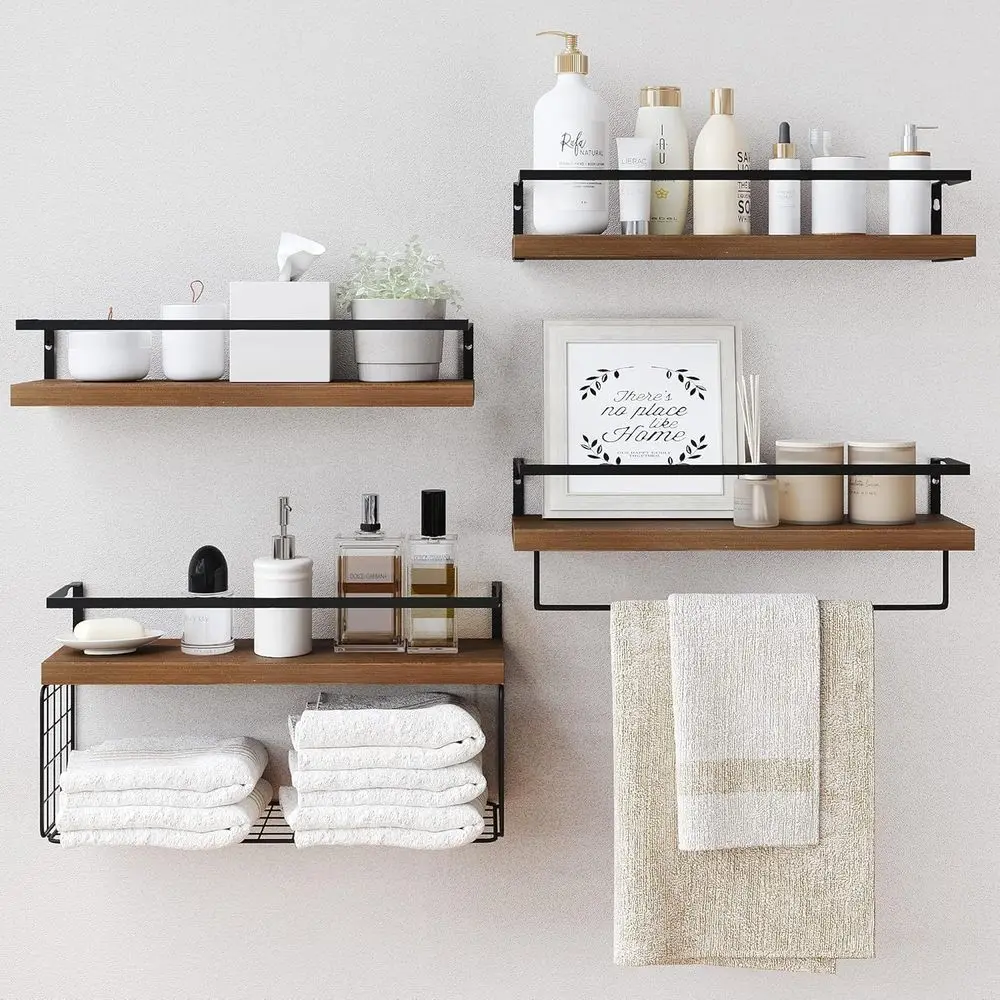 

Rustic 4+1 Tier Wall Mounted Shelves with Wire Basket and Towel Bar for Bathroom, Kitchen, and Bedroom