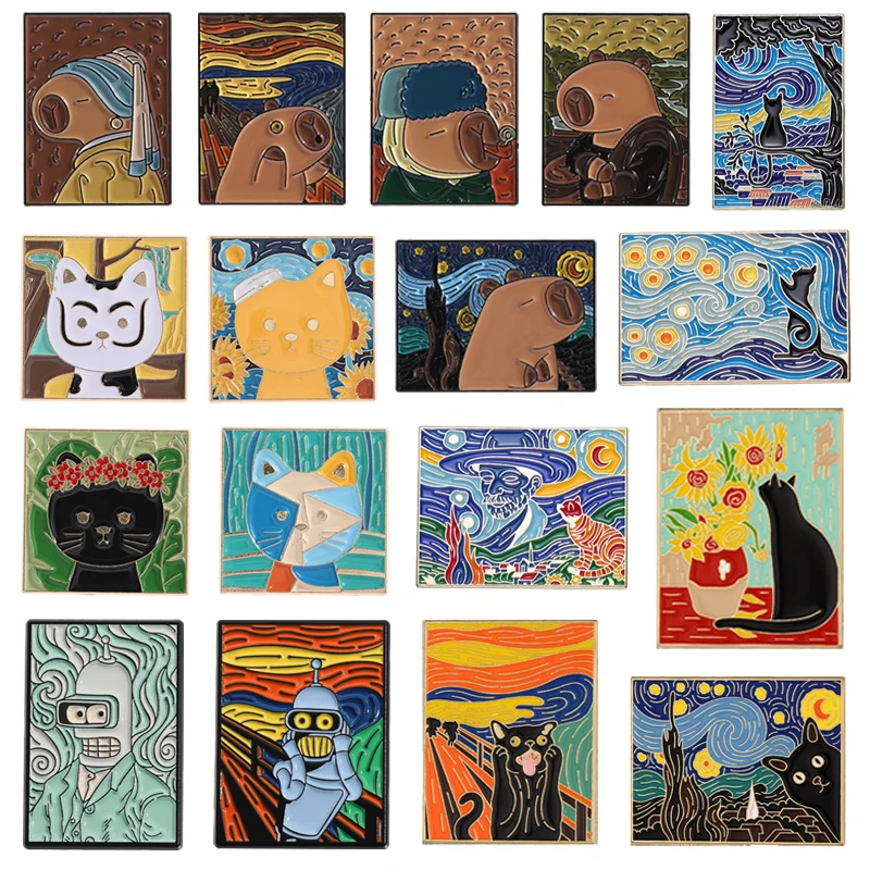 Van Gogh Oil Painting Art Enamel Pin The Scream Starry Sky Cute Capybara Cat With Pearl Earring Brooch Lapel Badge Jewelry Gifts