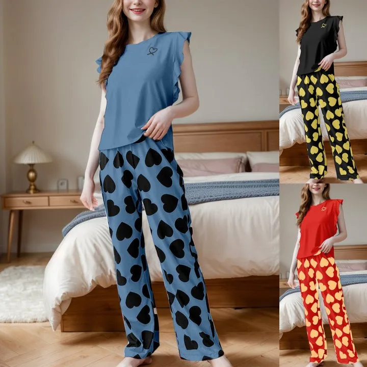 

Women Summer Autumn Pajamas Sets Love Print Cami Sleeveless Shirt With Trouser Sleepwear Ladie Lingerie Pyjamas Nightwear 2024