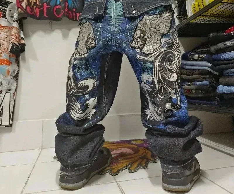 جينز رجالي مطبوع كبير الحجم ، بنطلون فضفاض عتيق ، خصر مرتفع ، بنطلون كاجوال واسع الساق ، موضة صخرة الشارع ، جديد ، Y2K #5