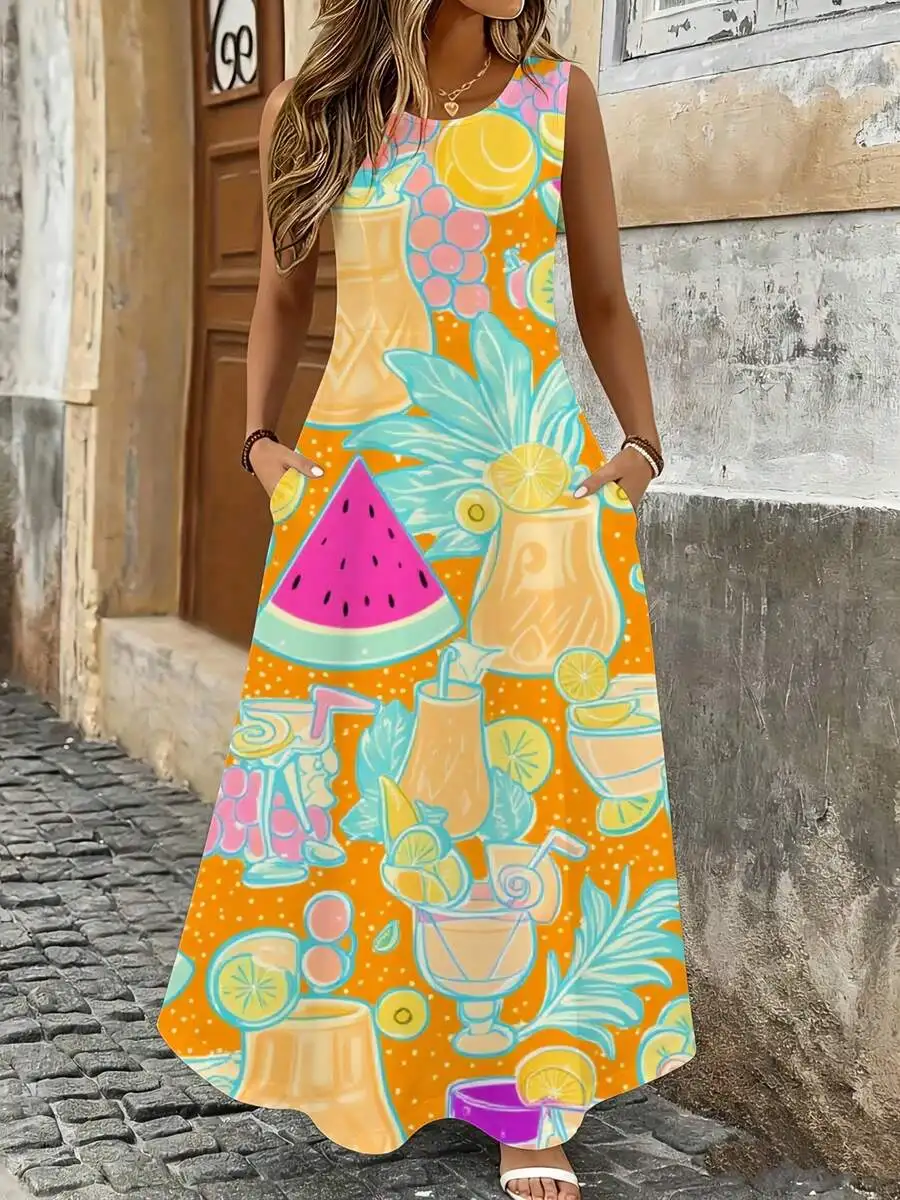 

Summer Sleeveless Maxi Dress Orange Fruit Cocktail Print Beach Vacation Party Women Fashion