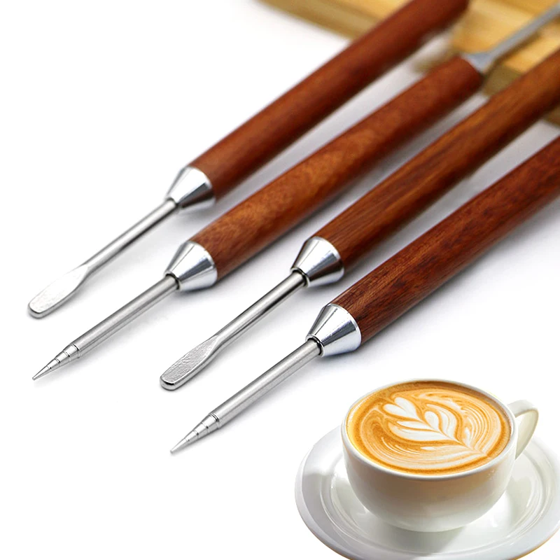 Stainless Steel Coffee Decorating Art Pen Wooden Handle Latte Pull Flower Needle Barista Tool Coffee Accessories Modeling Tool