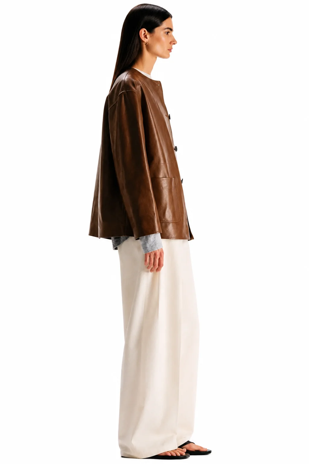 Vintage Caramel Brown Leather Jacket with Collarless Design and Patch Pockets