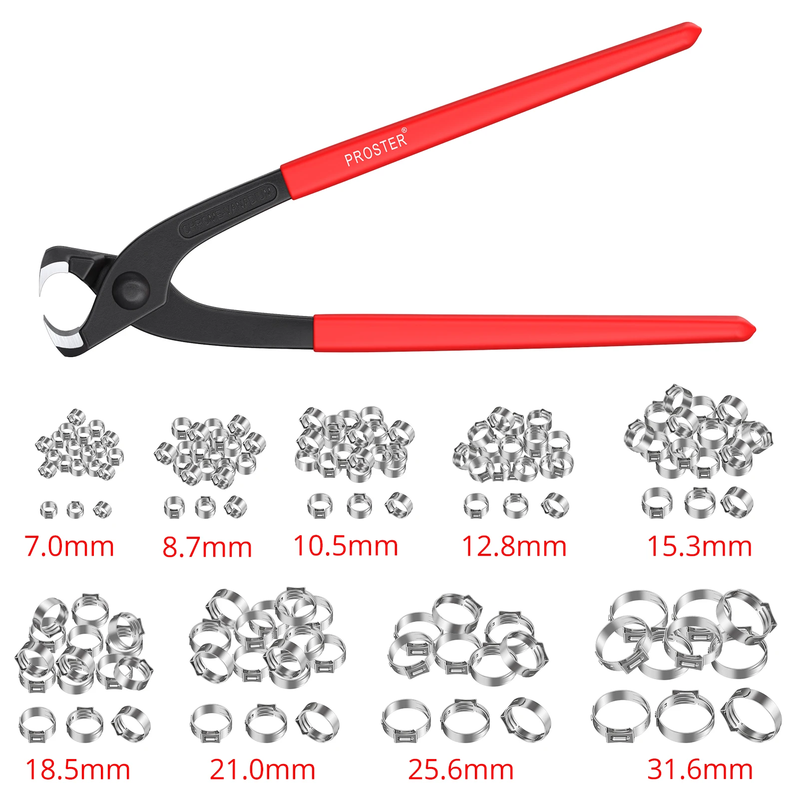 Proster 200 STKS RVS Enkele Oor Slangklemmen Diverse Maten met Ratel Krimptang Heavy Duty