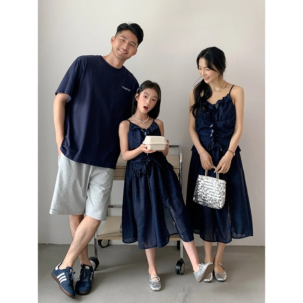 2026 Summer Family Matching Outfits Navy Blue Polka Dot Cami Midi Dress & T-Shirt Set For Mom Dad Kids Beach Vacation Wear
