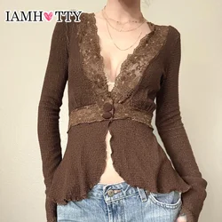 IAMHOTTY Fairycore Lace Patchwork Deep V-neck Top Brown Sexy Button-up Cardigan Chic Elegant Flared Long Sleeve T-shirts Y2K