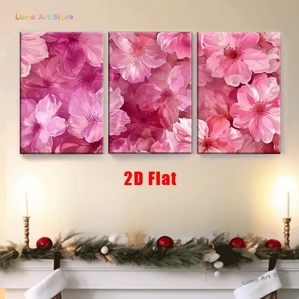 2D Flat, 2D Flat, 2D Flat Artwork Three-Piece Set, Frameless Canvas Art, Featuring Pink Cherry Blossoms, Perfect for Decorati