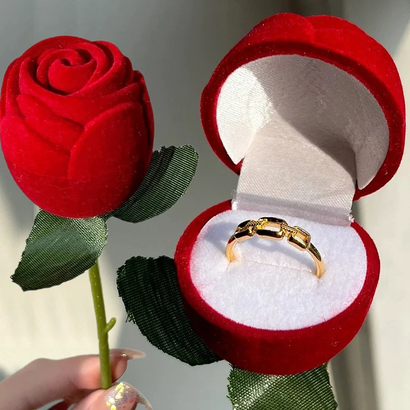 1/10pcs Velvet Rose Flower Ring Box Romantic Red Rose Jewelry Display Holder Box Bridal Wedding Engagement Ring Storage Case