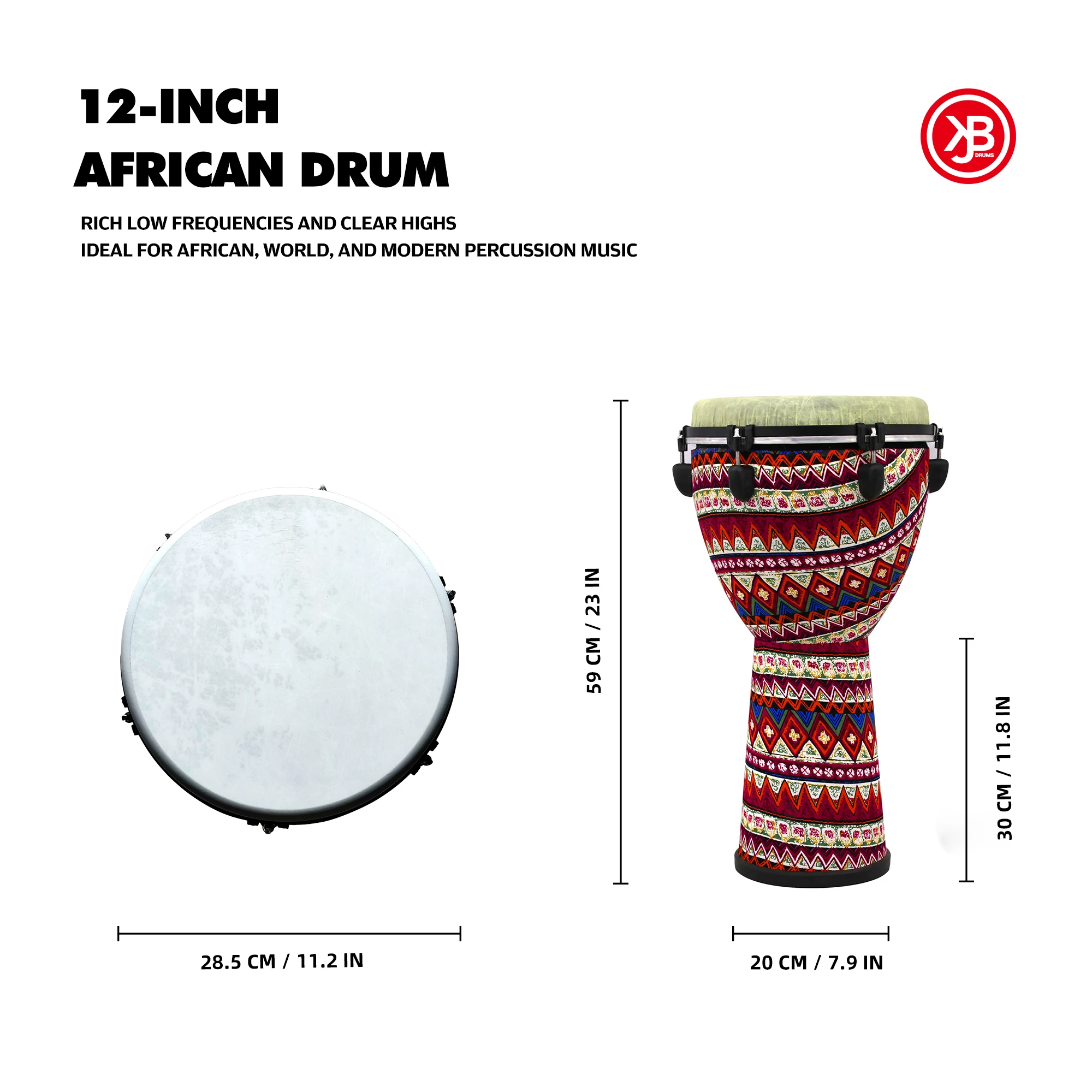 Professional 12-Inch Tunable Jazz African Hand Drum with Sheepskin Strap Colorful Design Ergonomic Features