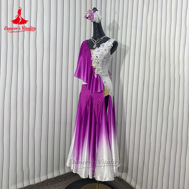 Women Social Dance Luxury AB Stones Dresses Customize Adult&Child Waltz Tango Foxtrot Gradient Color Clothing Dancer's Vitality