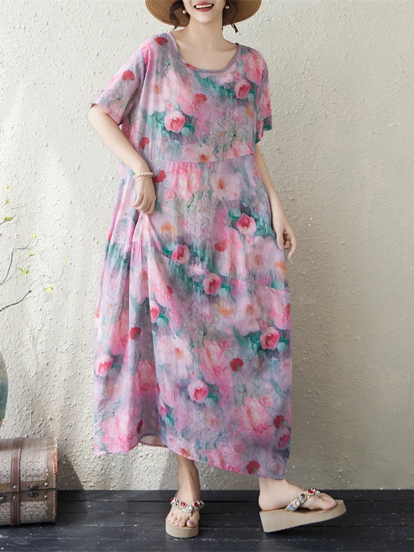 

Summer Vintage Cotton Linen Long Dress round Neck Sleeveless Travel Friendly Lightweight A-Line Gown for Women plus Size