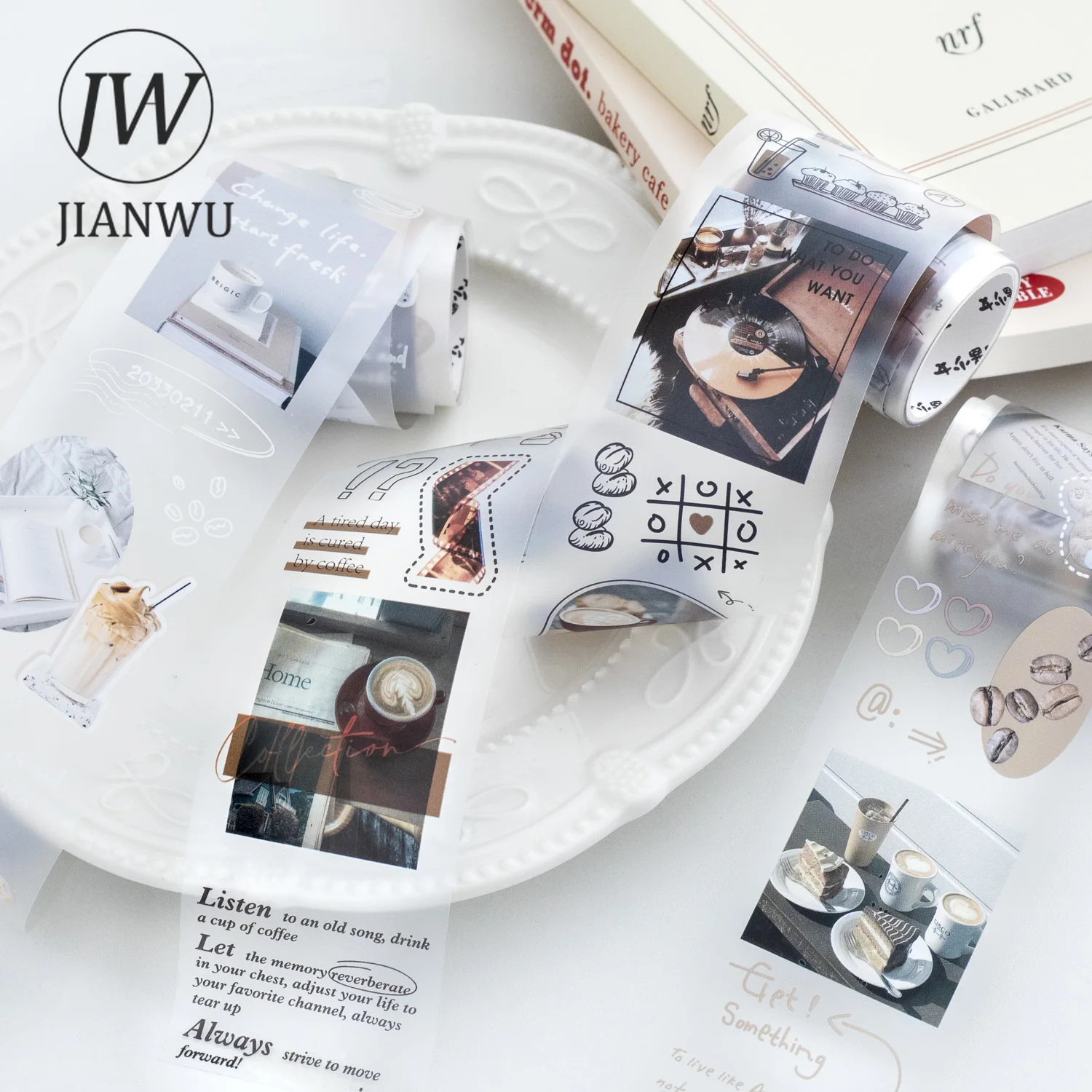 JIANWU The Poems for Coffee Series Vintage Landscaping Material Collage PET Tape Creative DIY Journal Stationery