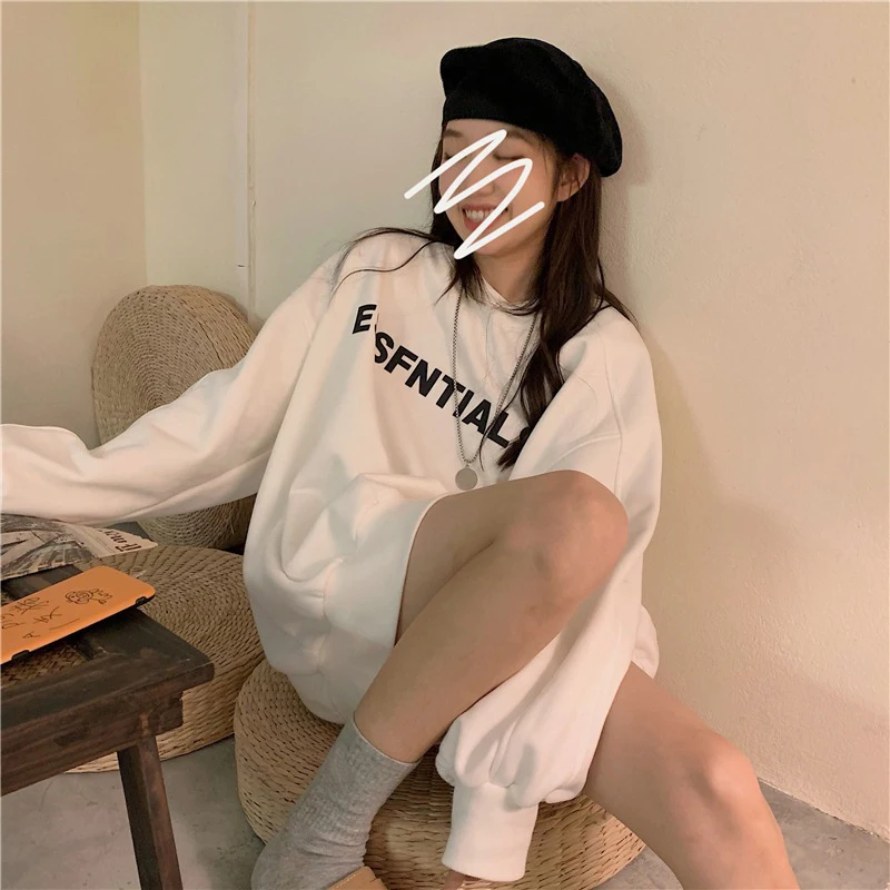 Women Dark Green Sweatshirt Letter Printing Crew Neck Korean Fashion Baggy Vintage Leisure Long Sleeves Pullover Tops Winter