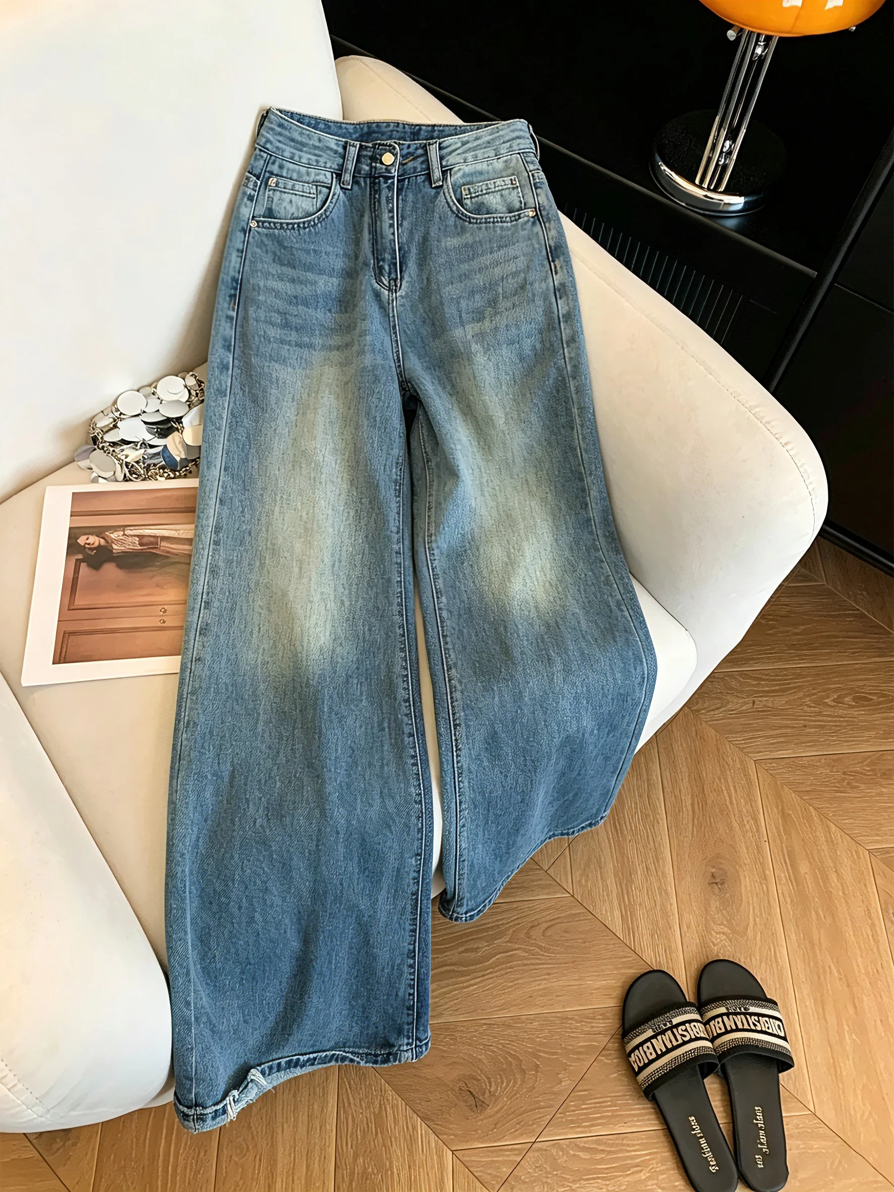 

Retro High Waist Straight Leg Jeans Men Women Summer Fashion Trend Versatile Loose Wide Leg Pants Casual Pure Color Jeans