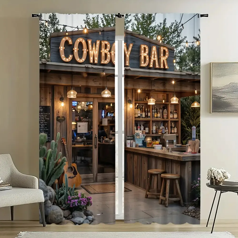 Trendy Cowboy Bar Window Curtain Western Rustic Neon Sign Decor Man Cave Window Treatment Drape Style