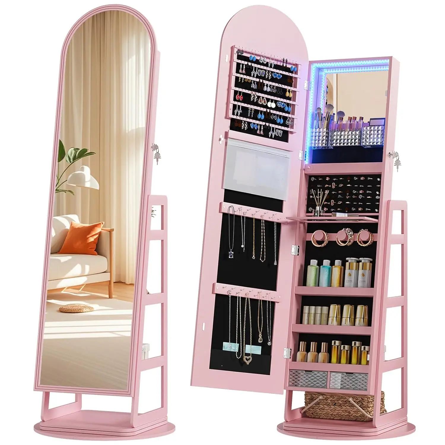 

Arched Mirror Jewelry Cabinet with Storage, LED Jewelry Armoire w/Full Length Mirror & 360° Swivel, Standing, Customized