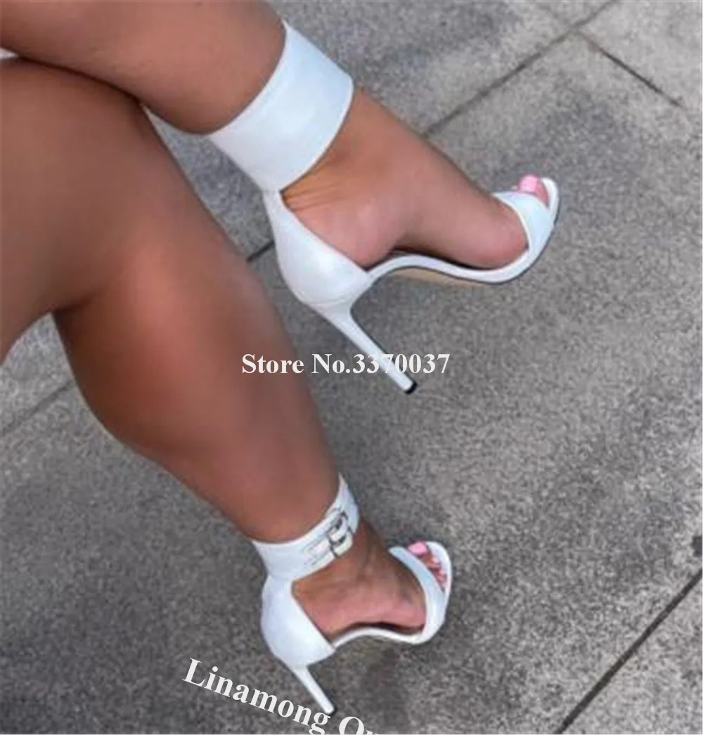 White Black Ankle Wrap Sandals Linamong Elegant Women Open Toe Matte Leather Stiletto Heel Gladiator Sandals Party Dress Heels