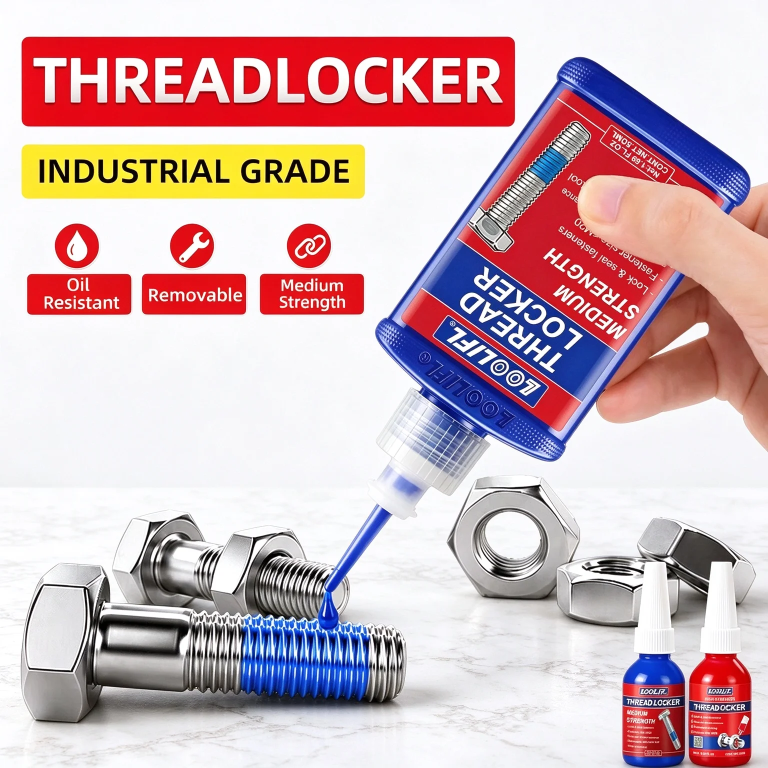 Medium-Strength Thread Locker Loolifl Industrial-Grade Thread Locker, Oil-Resistant, Removable Anaerobic Type, Used as Anti-Vibration Adhesive for Metal Bolts and Nuts, Suitable for Screw Sealants and Fasteners in Mechanical Repairs.
