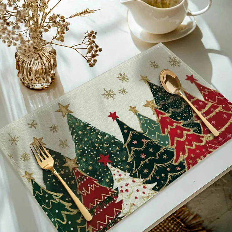 4Pcs Festive Christmas Tree and Snowflake Placemats Festive Linen Table Mat for Holiday Dining and Kitchen Decor Home Party Use