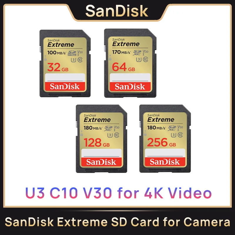 بطاقة ذاكرة Sandisk Extreme V30 SD C10 U3 4K فيديو 32 جيجابايت 64 جيجابايت 128 جيجابايت 256 جيجابايت حتى 180 ميجابايت/ثانية بطاقة SD لمسجل فيديو الكاميرا