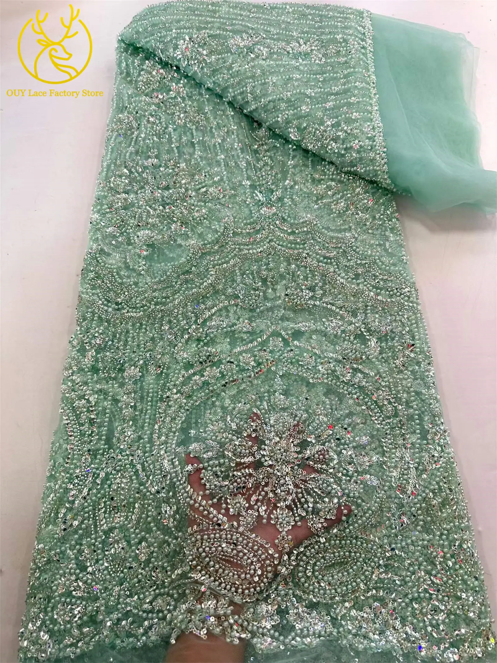 Gelber afrikanischer Brautstoff mit Perlenstickerei 2026 Luxuriöser goldener französischer Pailletten-Tüllstoff für nigerianische Hochzeitskleider – Detail 13