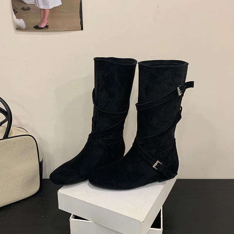 

Женские ботильоны до середины икры с круглым носком, мягкие складки на толстой подошве, утягивающие ботинки на высоком каблуке в корейском стиле, универсальные ботинки из мягкой кожи с пряжкой