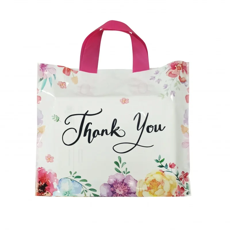 Producto personalizado, bolsas de agradecimiento, bolsas de compras de plástico con asa de bucle suave para tiendas minoristas, Boutiques, pequeñas