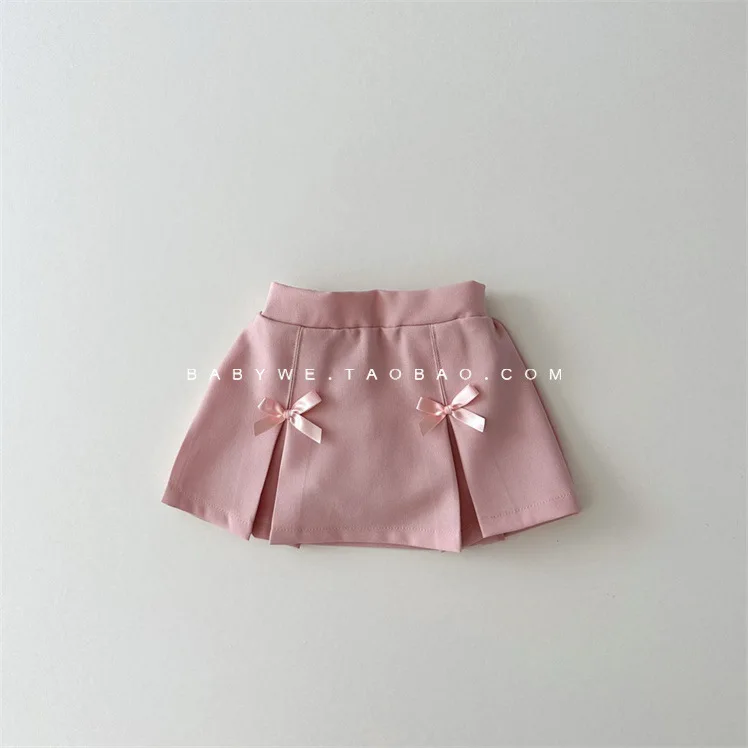 2024 Autumn New Baby Girl Cute Bow Pleated Skirt Solid Sweet Princess Skirts Cotton Infant Girls Short Skirts Kids Mini Skirts