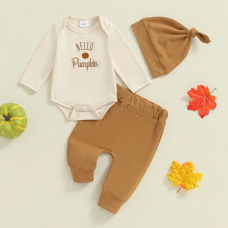 

2024-05-27 Lioraitiin Baby Boys Outfit, Long Sleeve Embroidery Pumpkin Letters Romper Elastic Waist Pants Hat Halloween Clothes