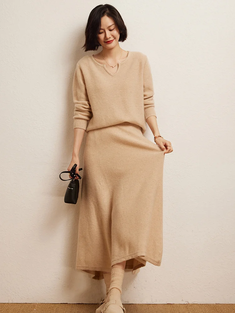 

Autumn Winter Women's Warm Soft Commute Leisure Pullover Sweater Skirt Two-Piece Set 100% Cashmere Comfort Casual Loose Suits