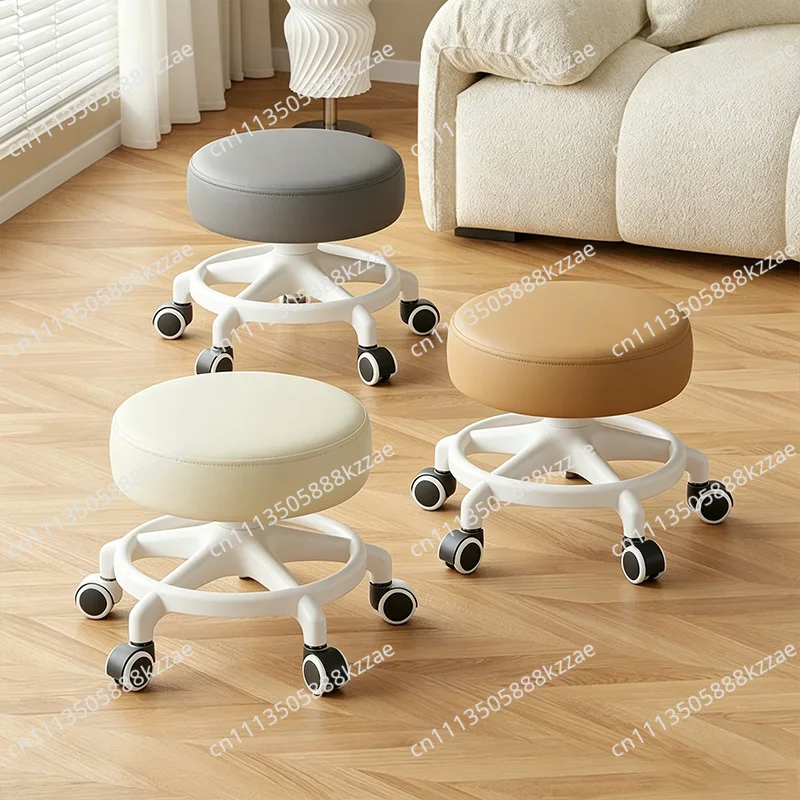 360° Rotation Small Stools Household Wheeled Low Stools Sofa Stool PU Leather Round Chair Mobile Rolling Stools For Home Office