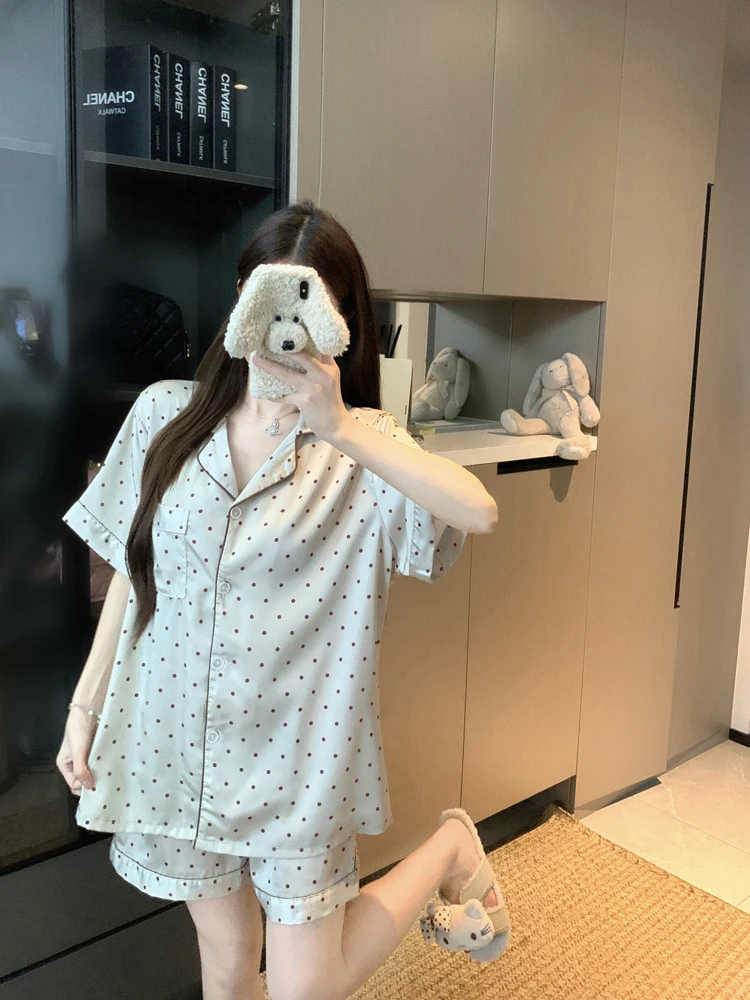 

Summer 2026 Women's Loose Comfortable Casual Ice Silk Polka Dot Short Sleeve Sleepwear Home Clothes Set Chic Home Outfit