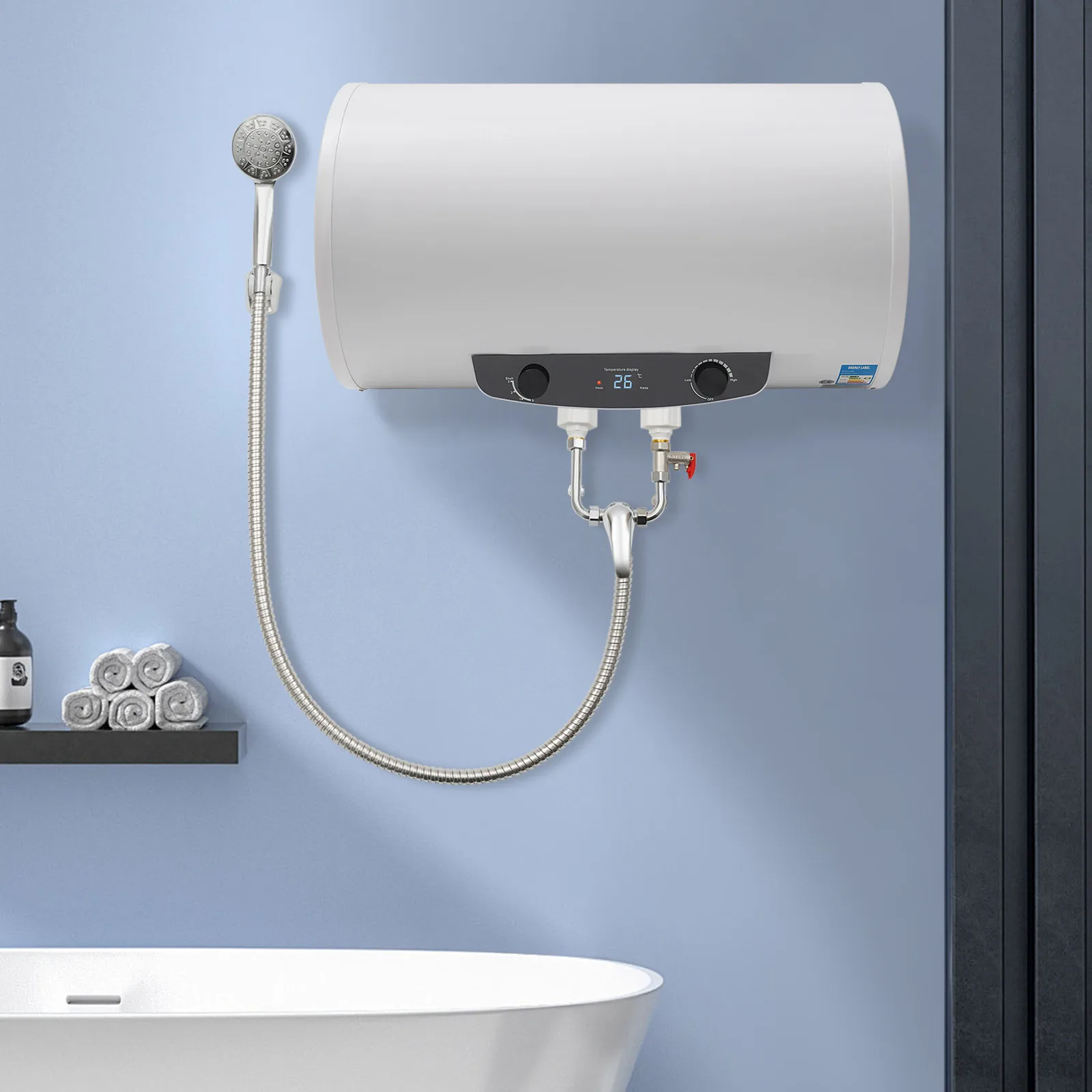 سخان مياه بخزان كهربائي 70 لتر مع دش وصنبور، سخان مياه تخزين 18.5 جالون 1500 وات 110 فولت حماية من التسرب وبطانة المينا