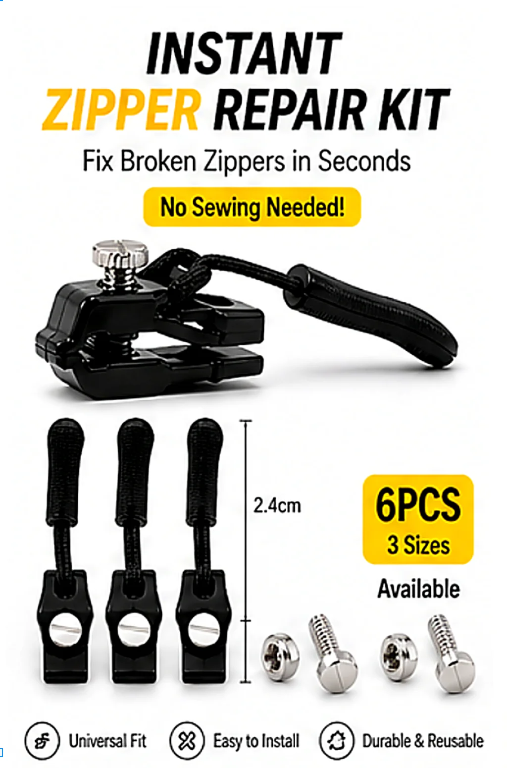Reißverschluss Reparaturset Universal 2-6pcs Ersatz Zipper Kopf Sofort Reparatur 3 Größen Schieber Fix Kaputte Reißverschlüsse Kleidung Taschen Nähen DIY Zubehör Werkzeuge Praktisch Langlebig Tragbar – Detail 2