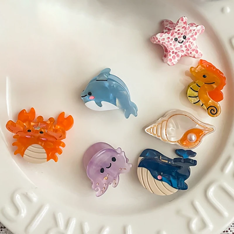 Small Delicate Cute Ocean Trumpet Acetate Hair Clips Cartoon Whale Seahorse Crab Starfish Hair Grab Side Bangs Clip For Girls