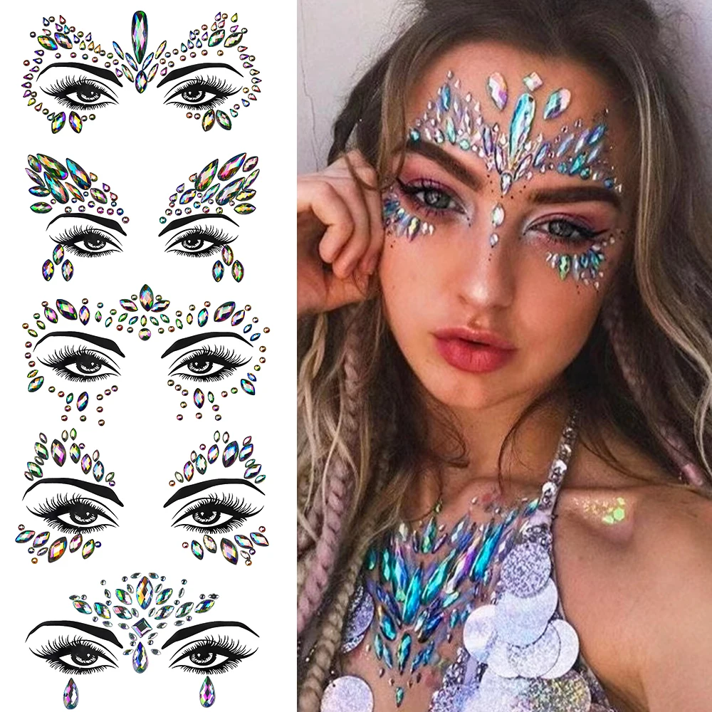 1 pièces 3D Sexy visage gemme tatouage autocollants coloré paillettes strass temporaire faux tatouages pour femme fête visage bijoux Tatoo décalcomanie