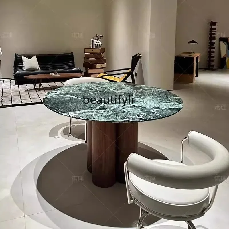 

newFrench antique style large flower green marble designer small apartment luxury stone solid wood round dining table