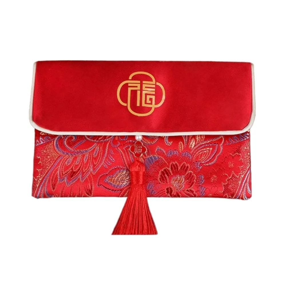 Blessing Words Brocade Red Envelop Best Wishes Button Hongbao Embroidery Tassel New Year Red Pockets Chinese New Year
