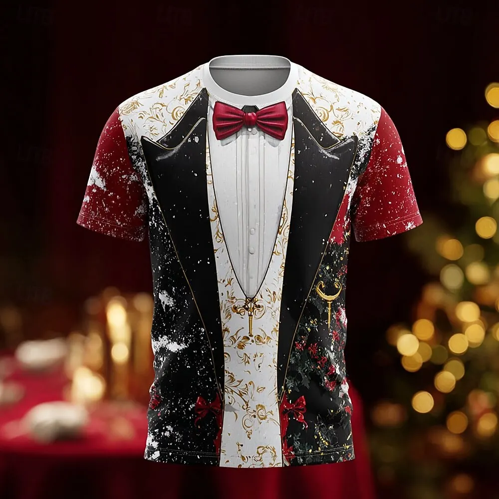 

2026 Christmas Men's Christmas Costume Tuxedo T Shirt Short Sleeve T shirt 3D Print Crew Neck Shirt Daily Vacation Party Wear