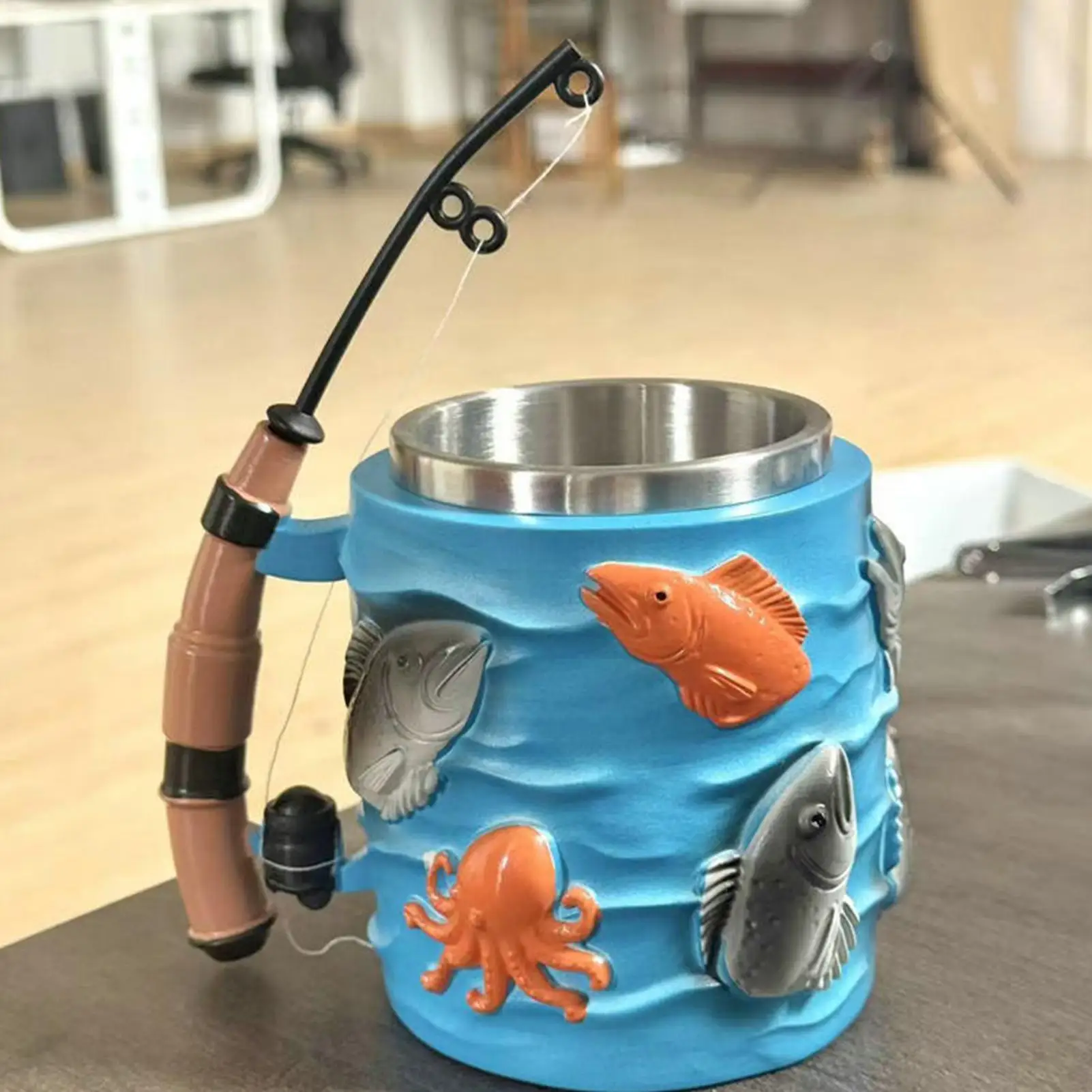 

Fishing Coffee Mug 300ml Milk Drinkware 3D Embossed Tea Cup with Fishing Rod Handle for Men Hot Chocolate Beverage Milk Water