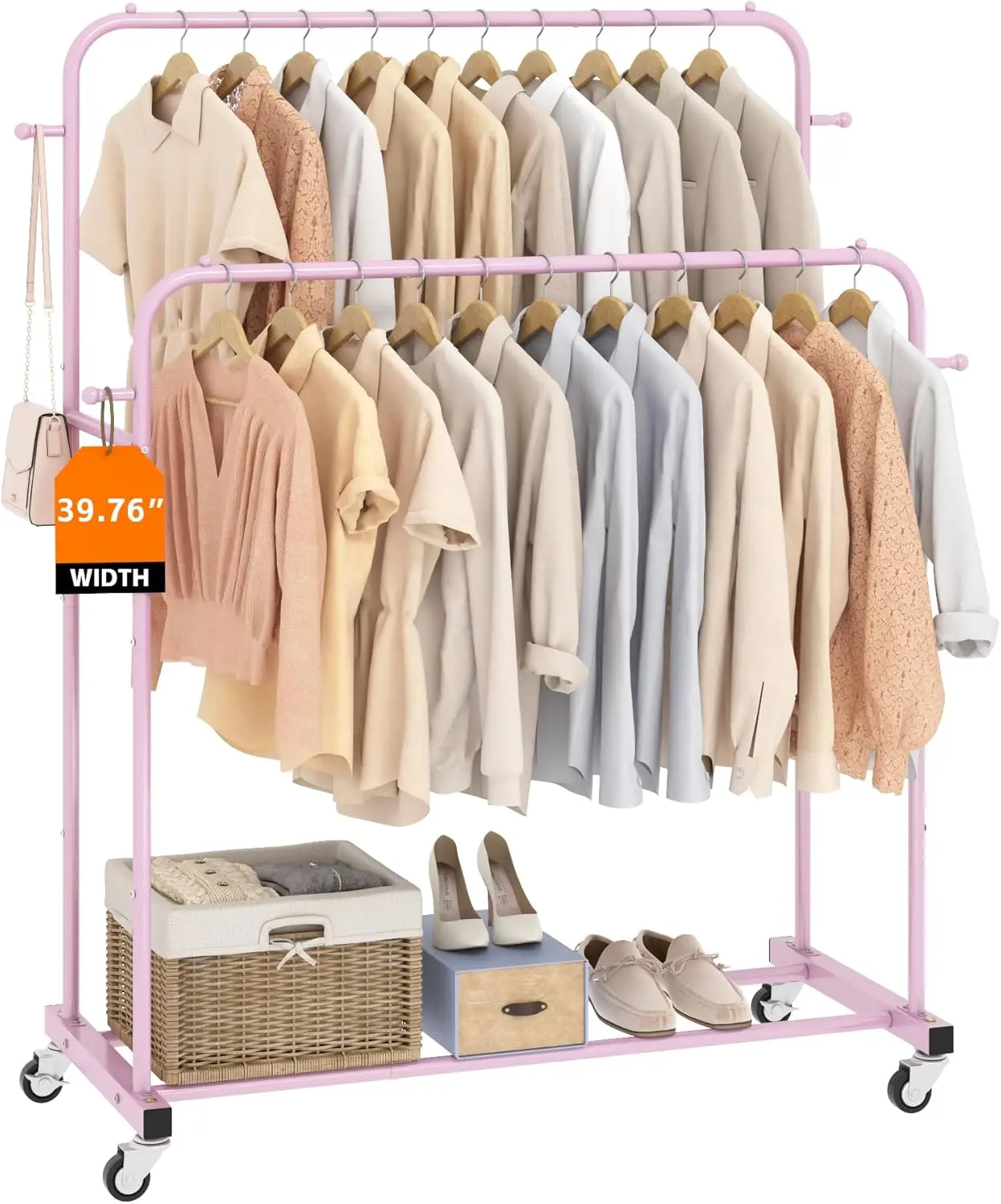 

Double Rods Garment Rack with Wheels, Clothing Rack for Hanging Clothes,4 Hooks, Multi-Functional Bedroom Clothes Rack,