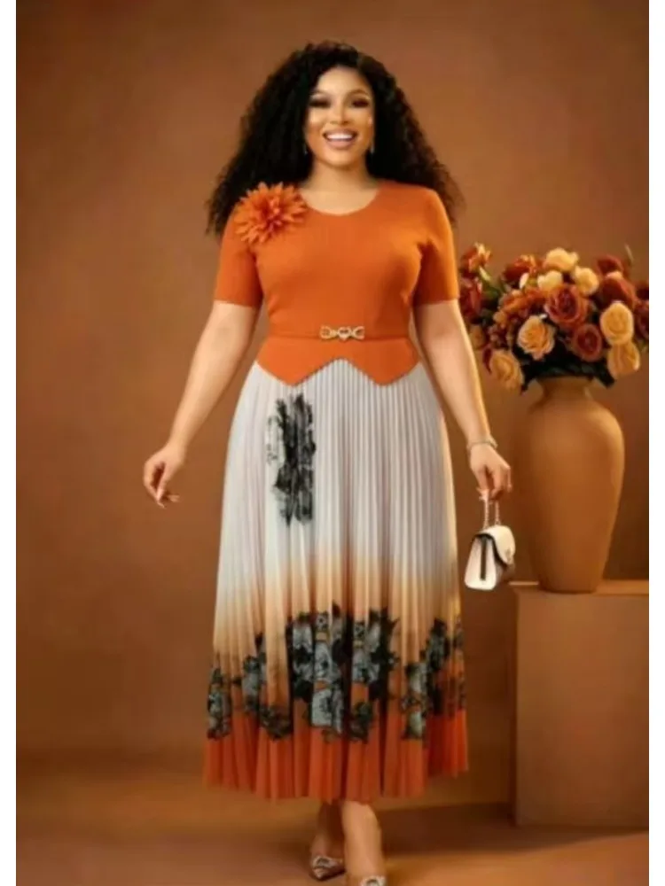 Miyake 2026 Summer New Fashion Design Sense Waist Printing Color Matching Big Pendulum Dress Elegant Women's Clothing