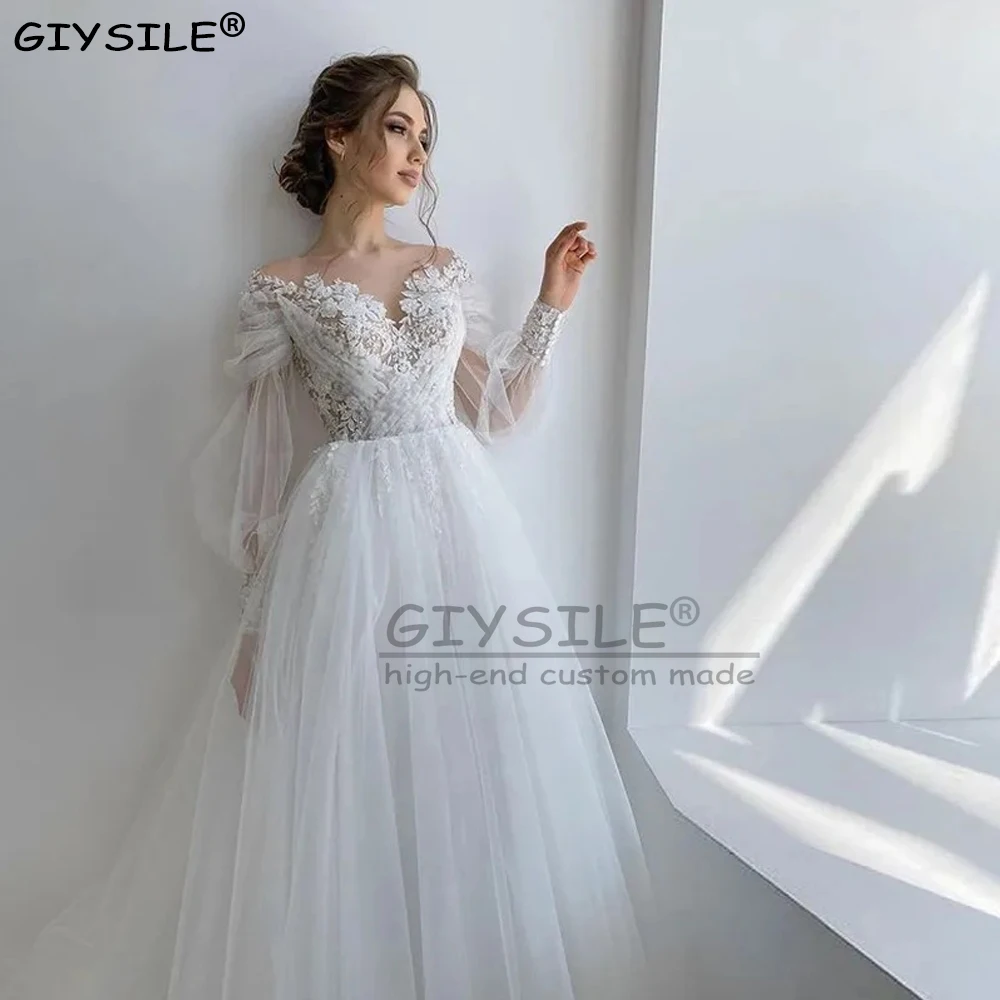 

GIYSILE Customized Long Sleeved Wedding Dresses Luxury 2025 Deep V-neck Sexy Off Shoulder Lace Bridal Photo Shoot Trailing Dress