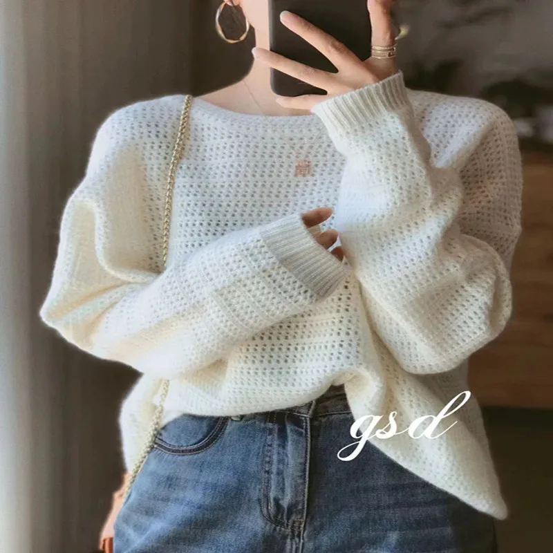 Ladies autumn and winter coarse knitted pure wool round neck warm sweater solid color loose hollow network trend coat sweater 23