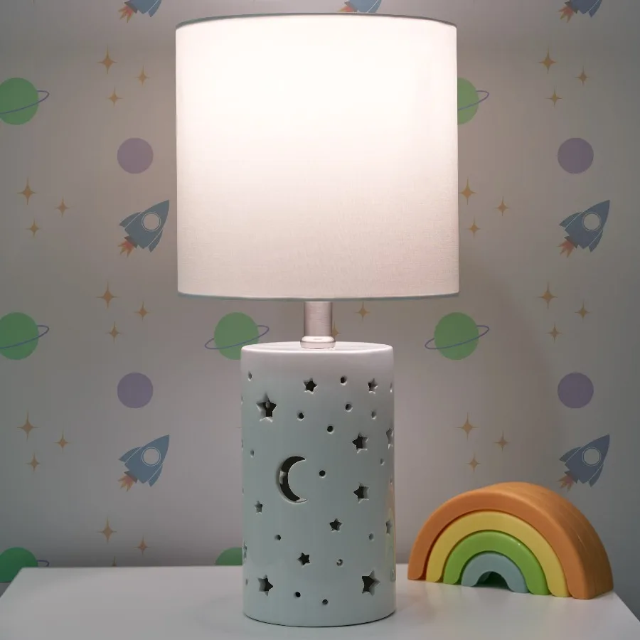 Your Zone Nightlight Table Lamp with White Shade, Stars and Space-Themed Design, 8.5 in L x 8.5 in W x 17 in H