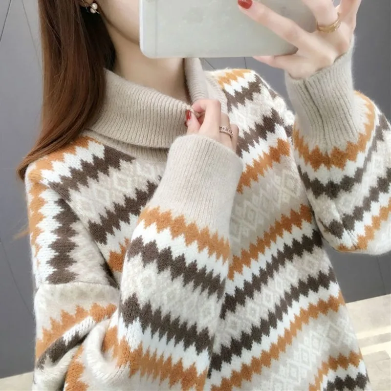 Vintage Turtleneck Warm Sweater Women Autumn Winter Fashion Striped Long Sleeve Knitwear Office Lady All-match Knitting Tops