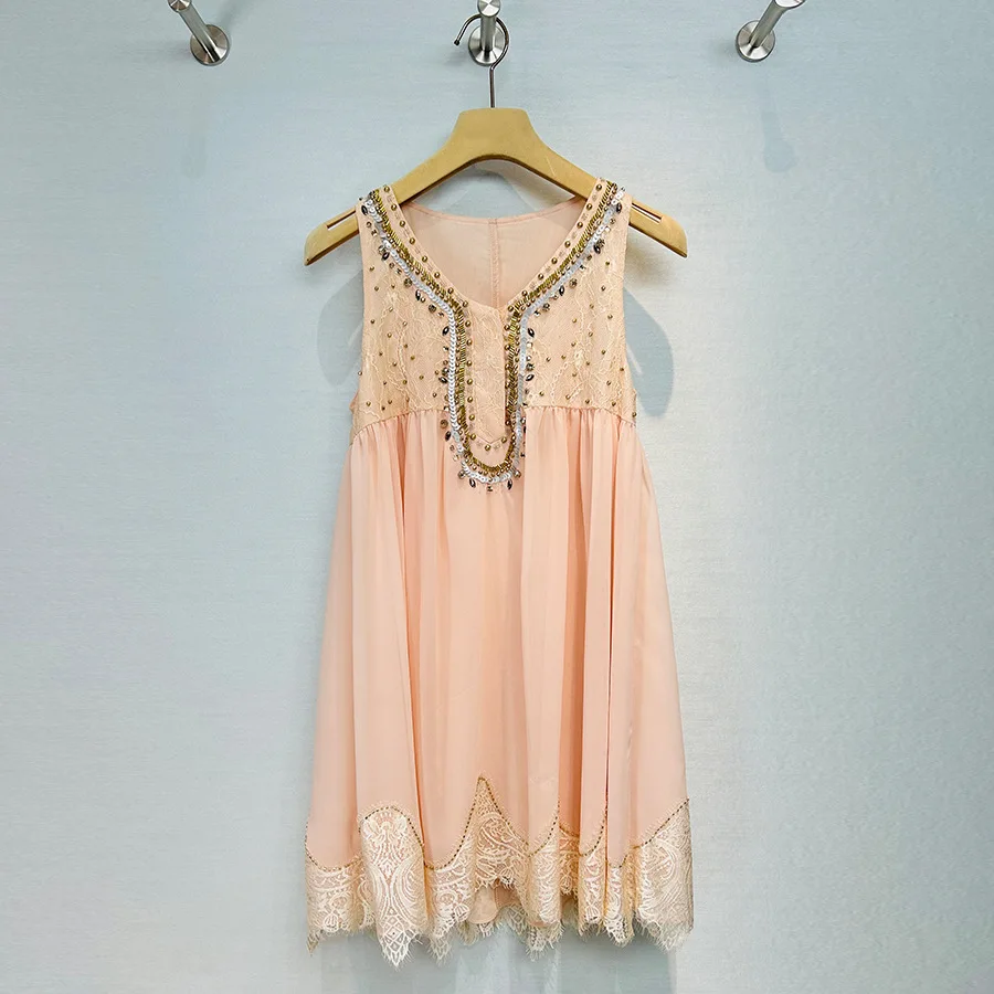 

Lace-stitched sleeveless bandeau dress with hand-sewn rhinestones chiffon dress for summer