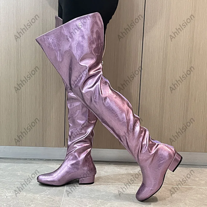 Handmade Women Winter Over Knee Boots Crack Back Zipper Falt With Heels Round Toe Purple Banquet Shoes Ladies US Plus Size 5-20