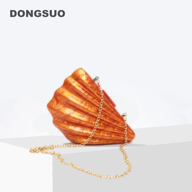 Women Acrylic shell bag cute pearl Evening Clutch Bag with strap For Wedding Party small Purses orange ivory Designer Handbags