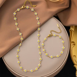 316L Stainless Steel New Fashion Fine Waterproof Jewelry Set White Elegant Daisy Charm Chain Choker Necklaces Bracelet For Women